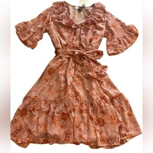 Anthropologie Women’s Floral Ruffle Waist Tie Midi Dress New size S  pinks orang